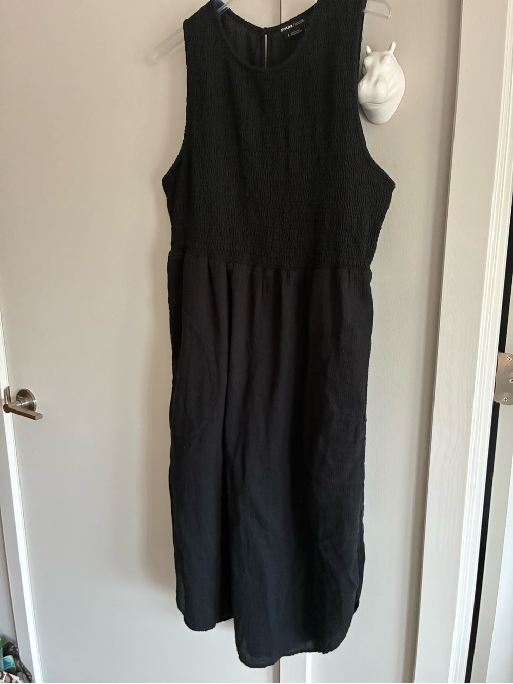 Prana Black Sleeveless Midi Dress with pockets.